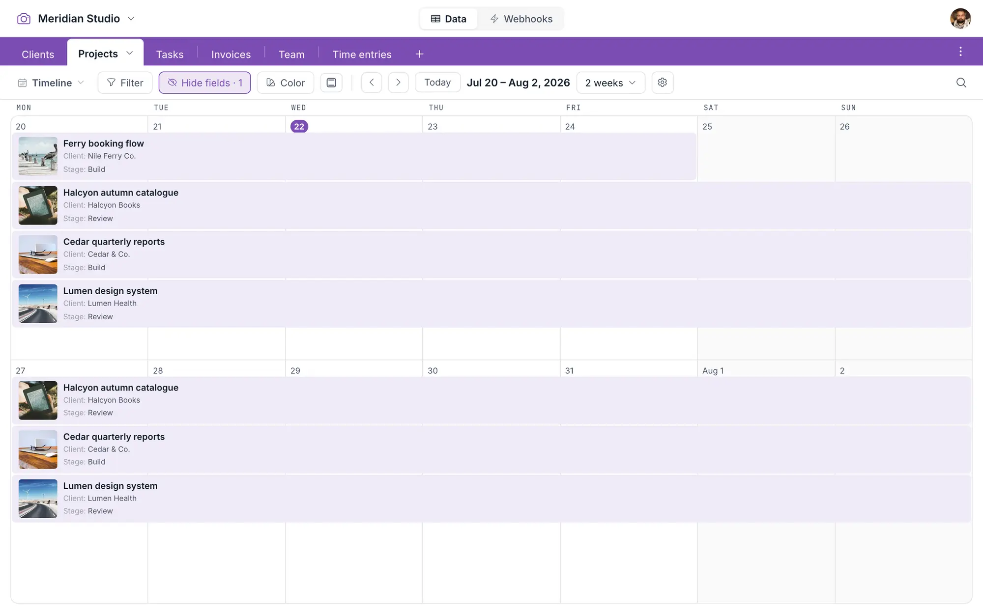 The same projects on a timeline, each one a bar running from its start date to its due date